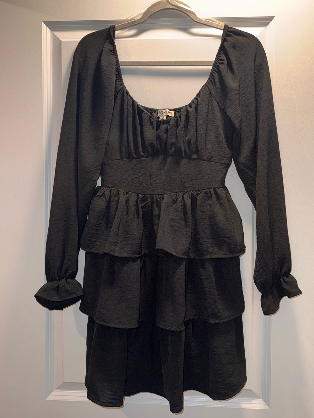 Inspired Hearts Black Long-Sleeve Tiered Peplum Dress